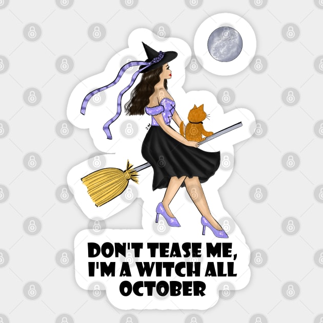 Witch with an Orange Cat On a Broomstick on a Full Moon Sticker by Susy Maldonado illustrations